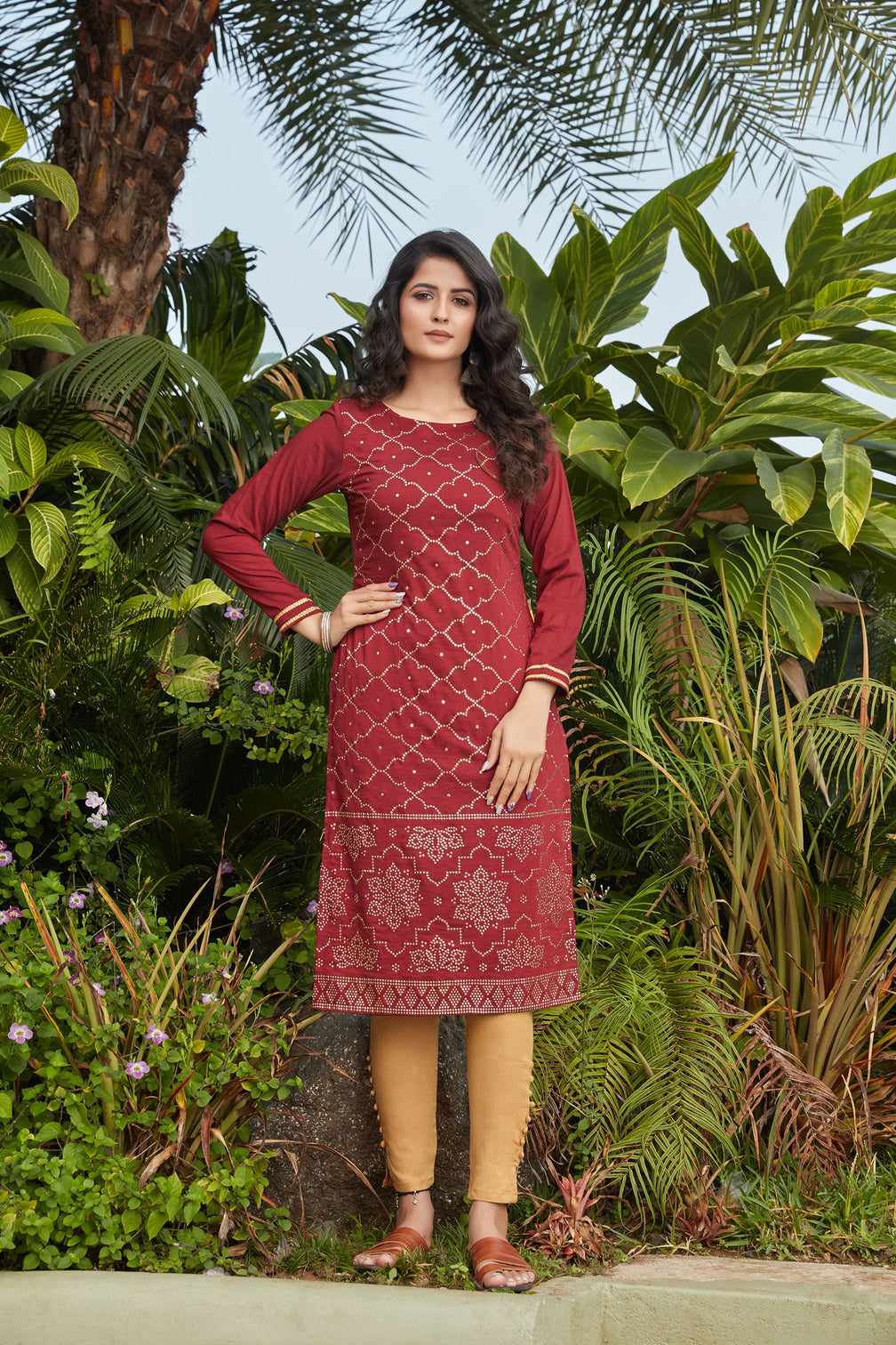 Maroon Mukaish Worked Cotton Readymade Kurti