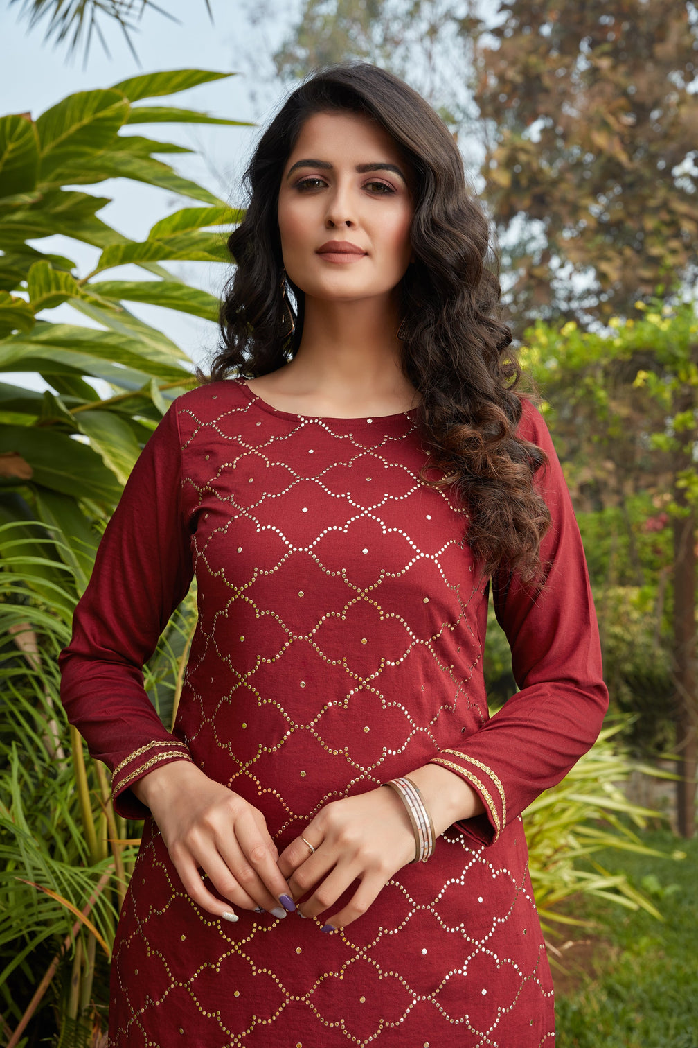 Maroon Mukaish Worked Cotton Readymade Kurti