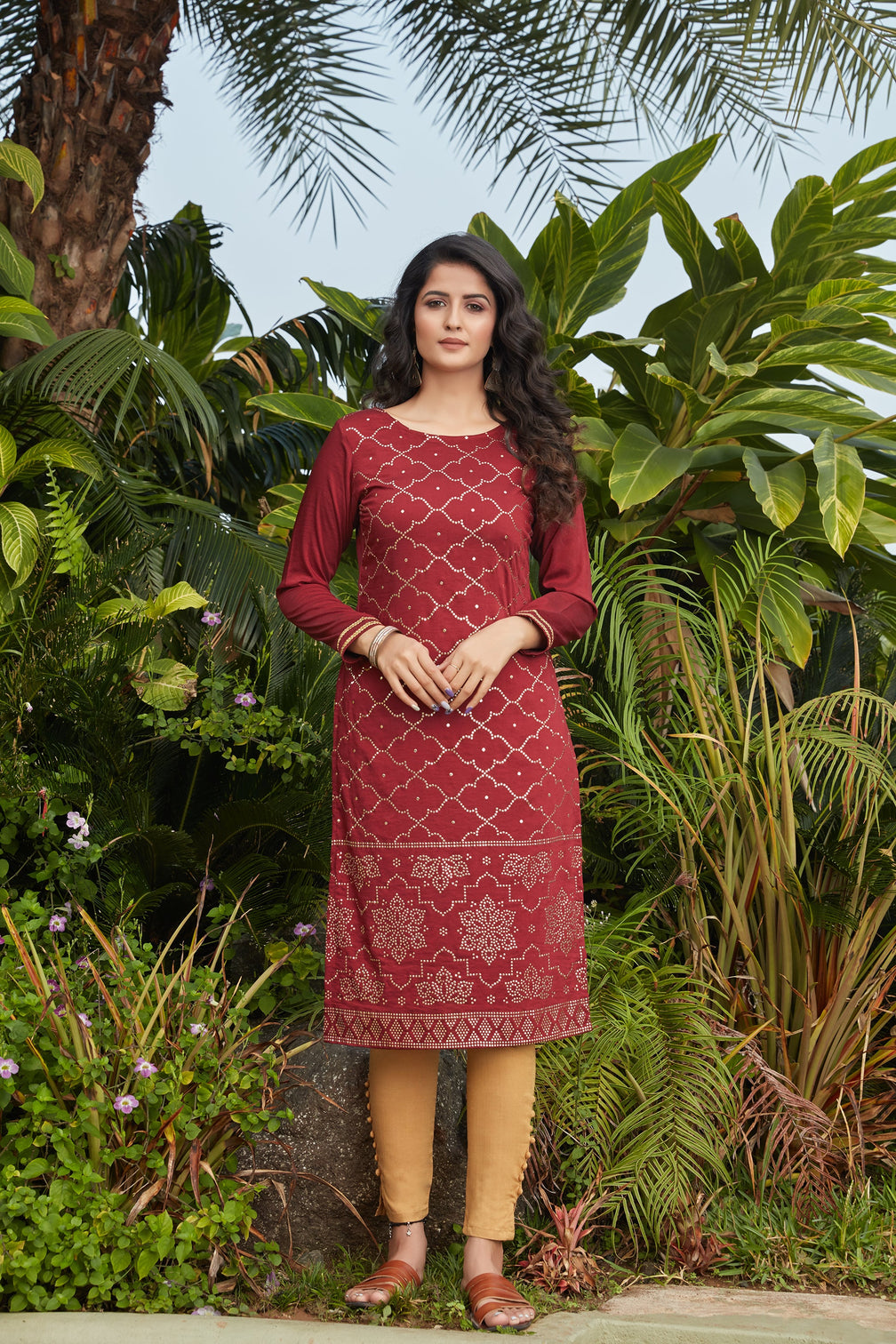 Maroon Mukaish Worked Cotton Readymade Kurti