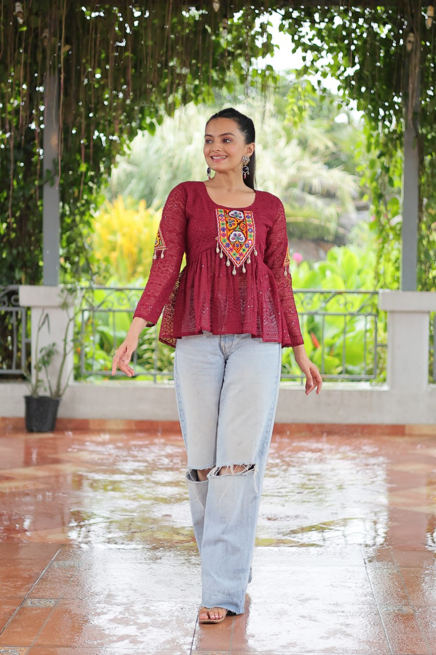 Navratri Special Georgette Schiffli Peplum Top with Kutchi Gamthi Patch Work