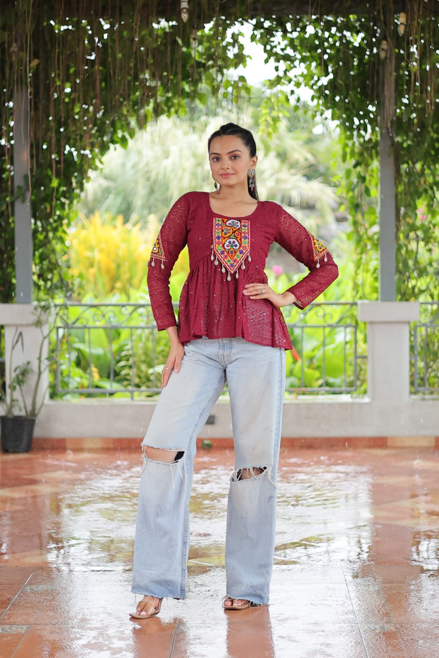 Navratri Special Georgette Schiffli Peplum Top with Kutchi Gamthi Patch Work