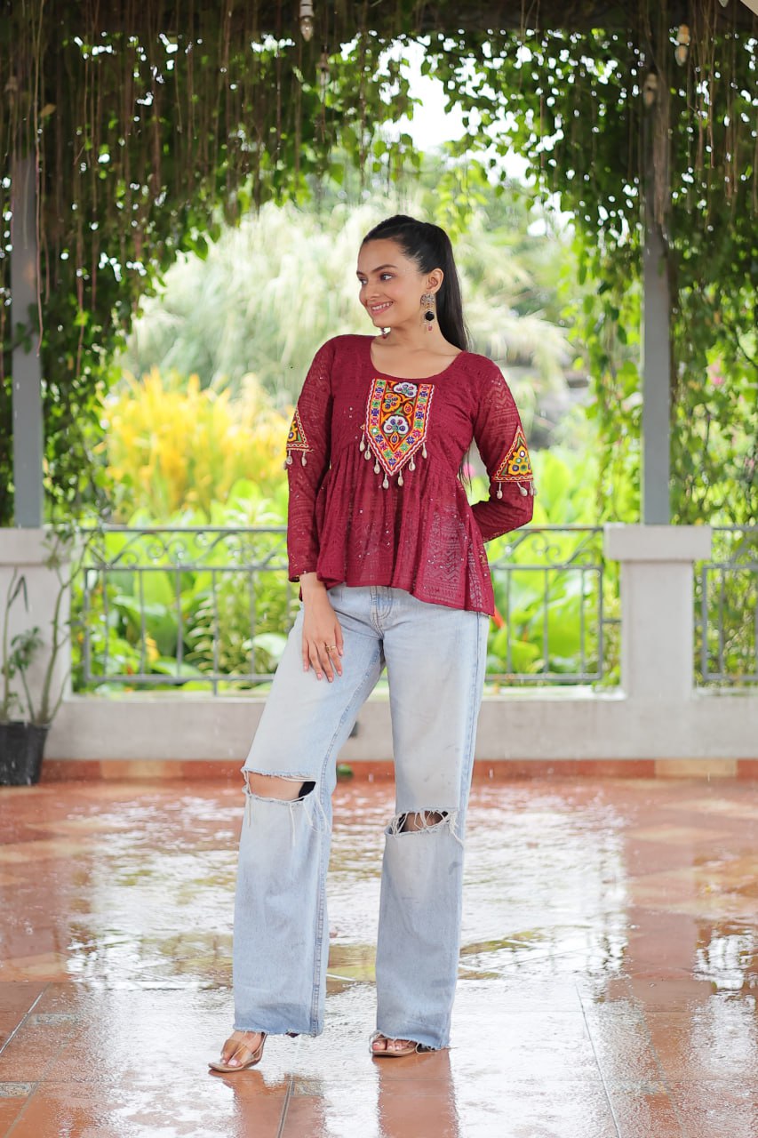 Navratri Special Georgette Schiffli Peplum Top with Kutchi Gamthi Patch Work