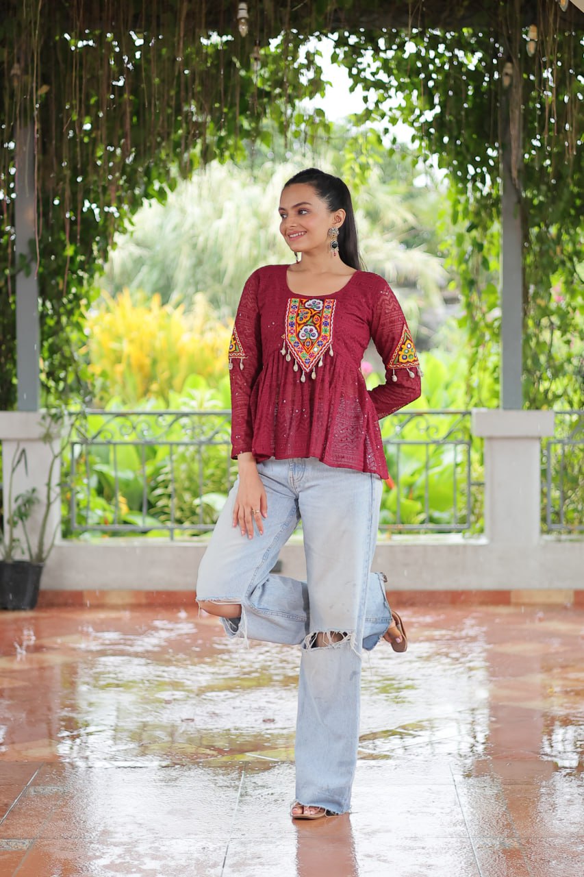 Navratri Special Georgette Schiffli Peplum Top with Kutchi Gamthi Patch Work