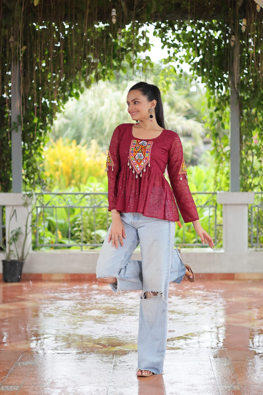 Navratri Special Georgette Schiffli Peplum Top with Kutchi Gamthi Patch Work