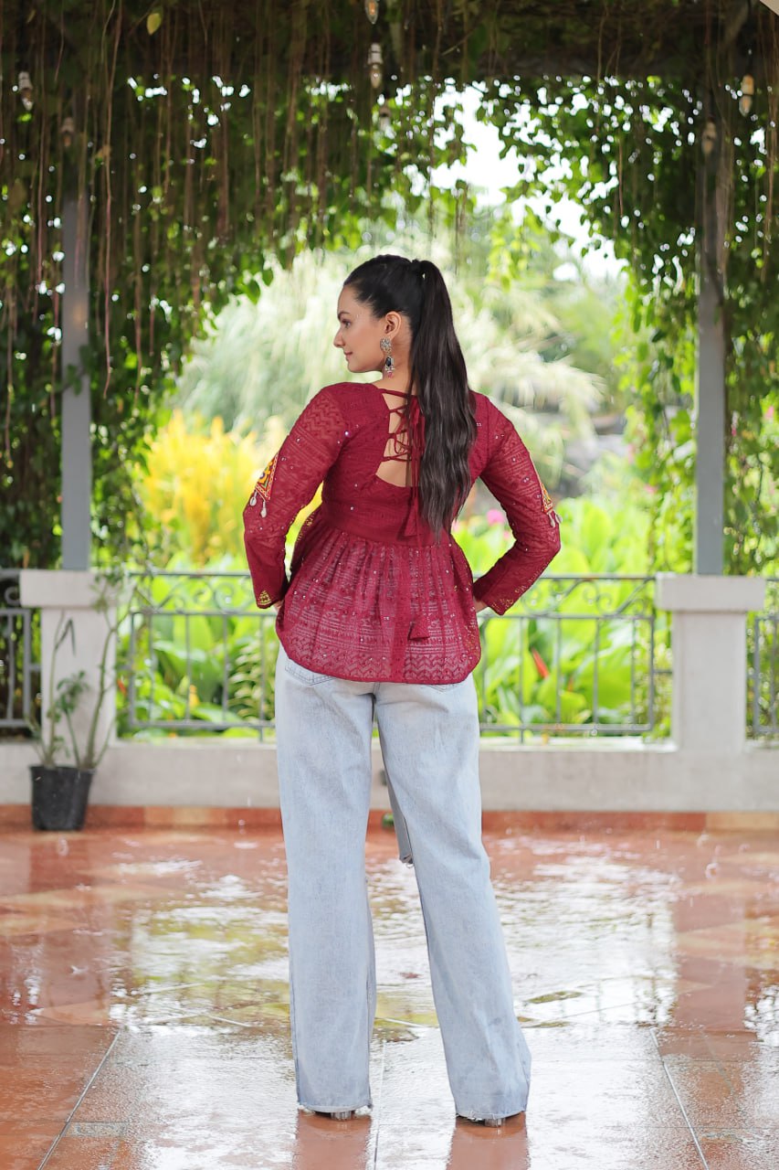 Navratri Special Georgette Schiffli Peplum Top with Kutchi Gamthi Patch Work