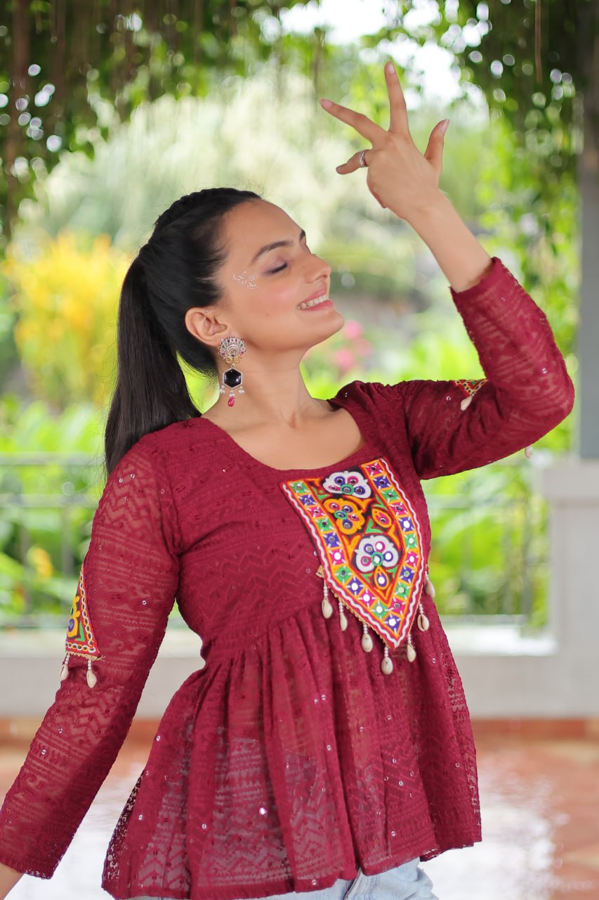 Navratri Special Georgette Schiffli Peplum Top with Kutchi Gamthi Patch Work