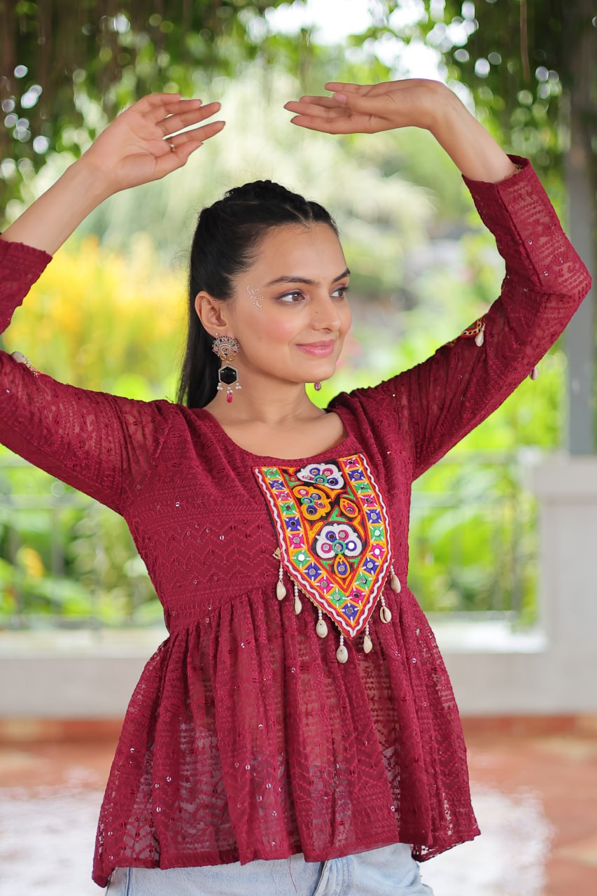 Navratri Special Georgette Schiffli Peplum Top with Kutchi Gamthi Patch Work