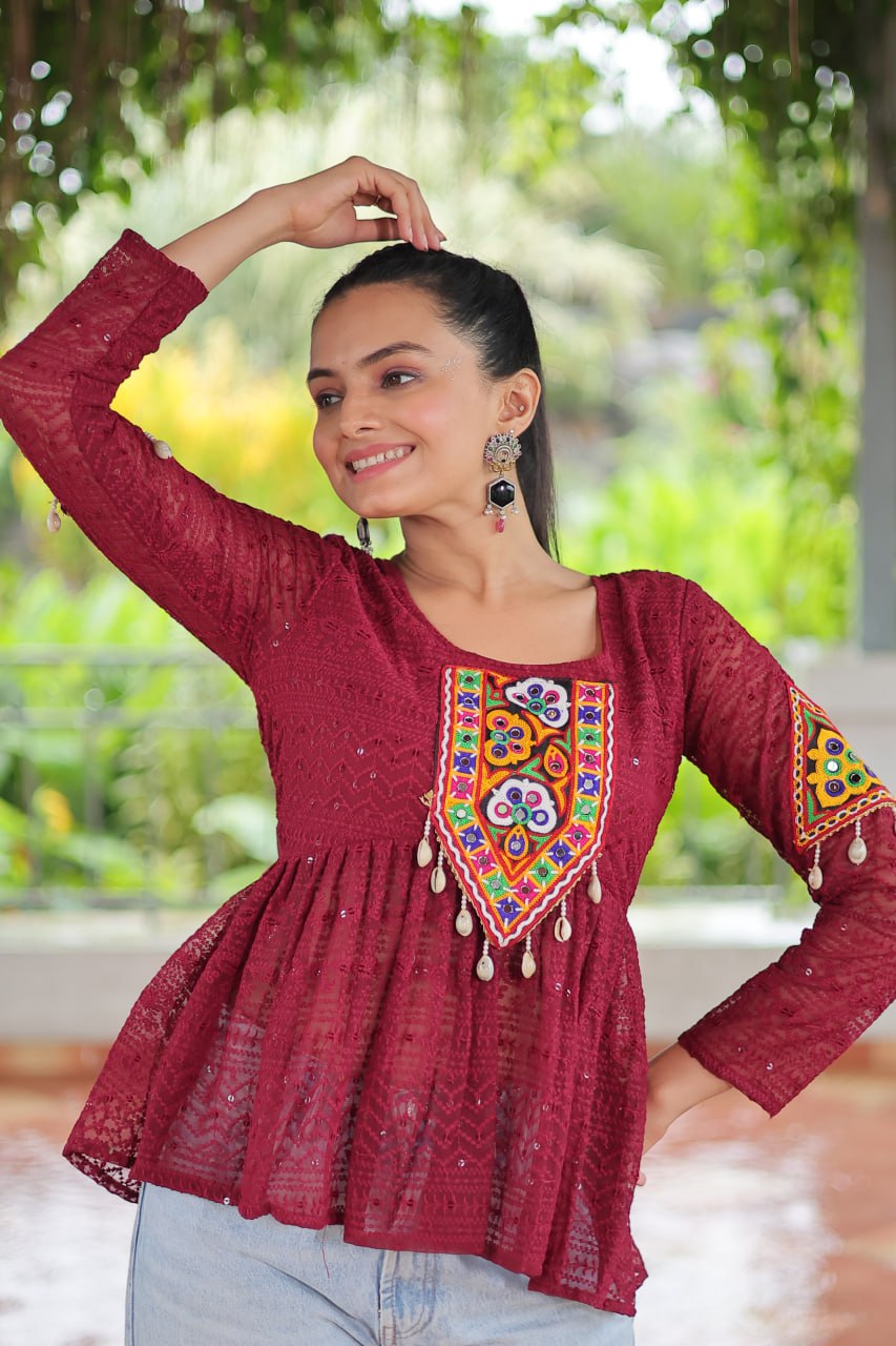 Navratri Special Georgette Schiffli Peplum Top with Kutchi Gamthi Patch Work