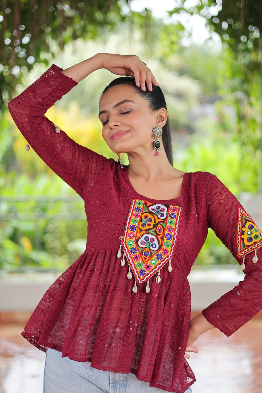 Navratri Special Georgette Schiffli Peplum Top with Kutchi Gamthi Patch Work