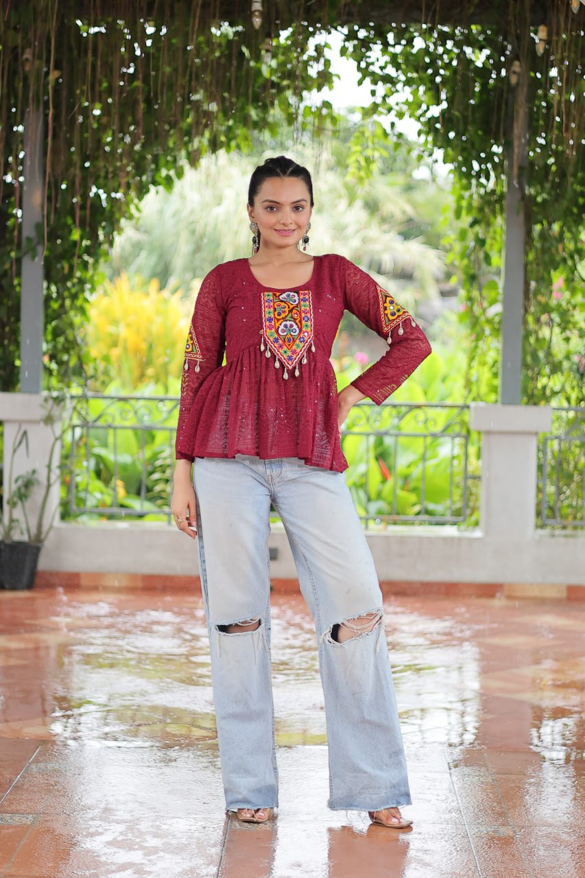 Navratri Special Georgette Schiffli Peplum Top with Kutchi Gamthi Patch Work