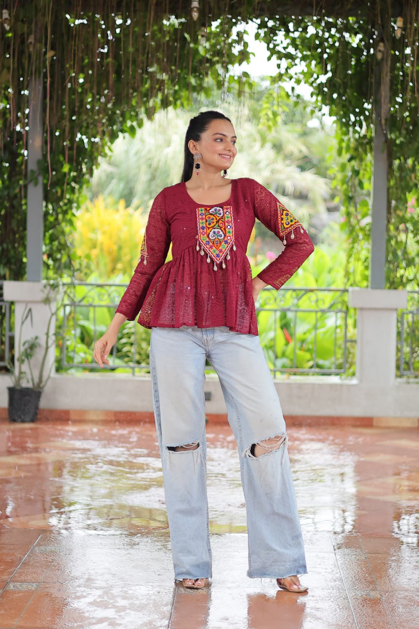 Navratri Special Georgette Schiffli Peplum Top with Kutchi Gamthi Patch Work