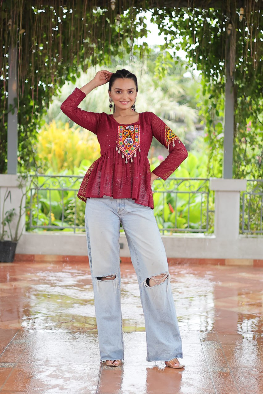 Navratri Special Georgette Schiffli Peplum Top with Kutchi Gamthi Patch Work