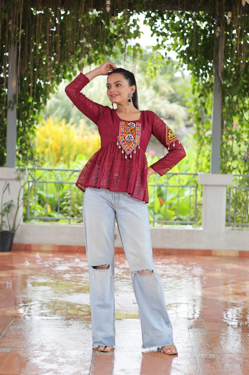 Navratri Special Georgette Schiffli Peplum Top with Kutchi Gamthi Patch Work