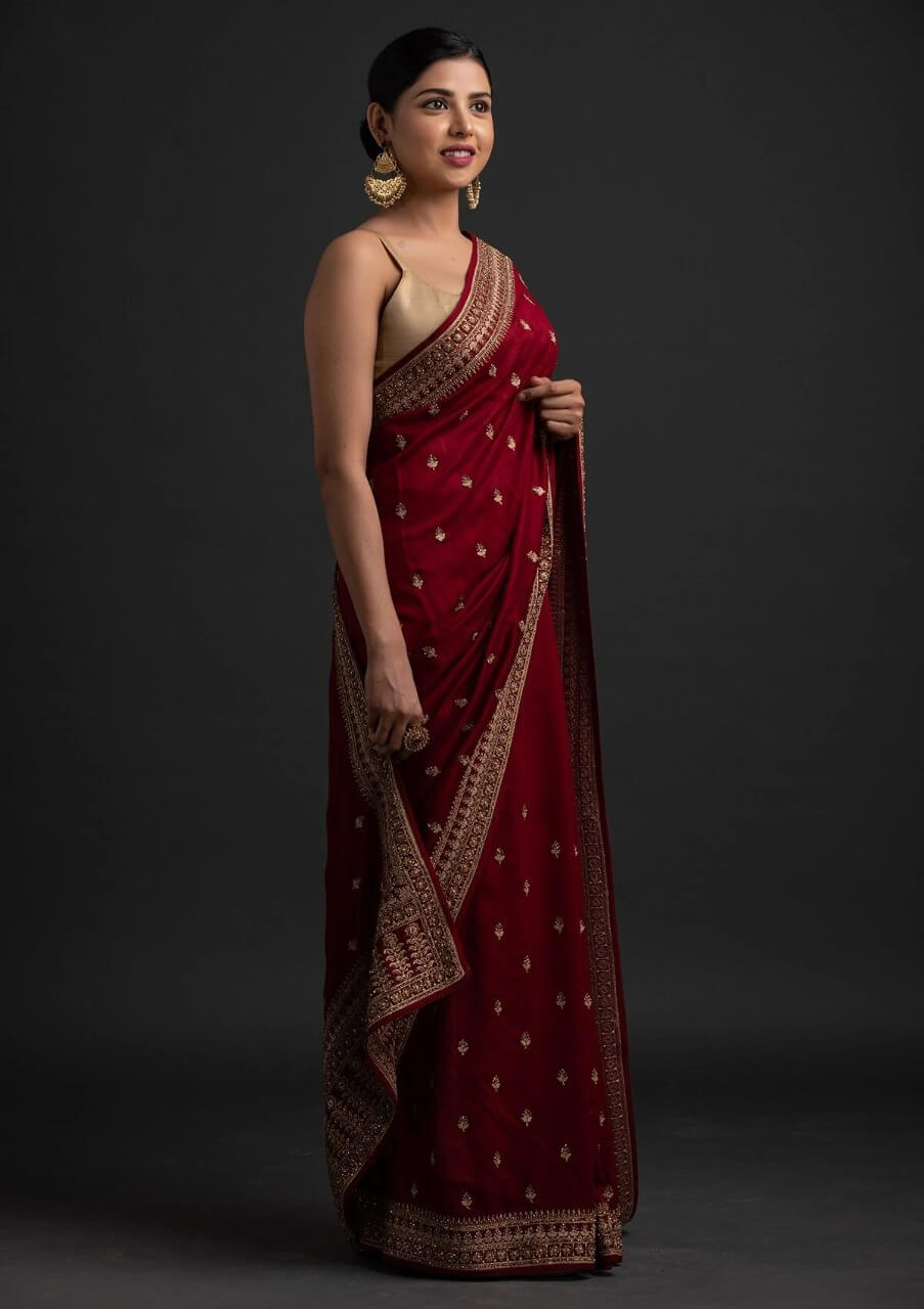 Maroon Saree In Vichitra Silk With Dori And Sequence Work