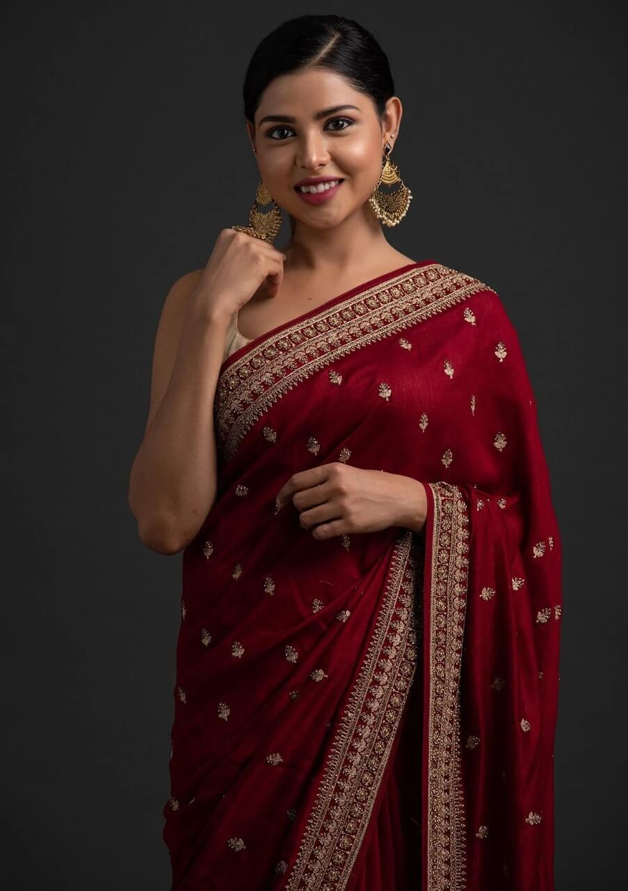 Maroon Saree In Vichitra Silk With Dori And Sequence Work