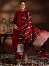 Gerua Maroon Solid Cotton Blend Straight Suit With Dupatta