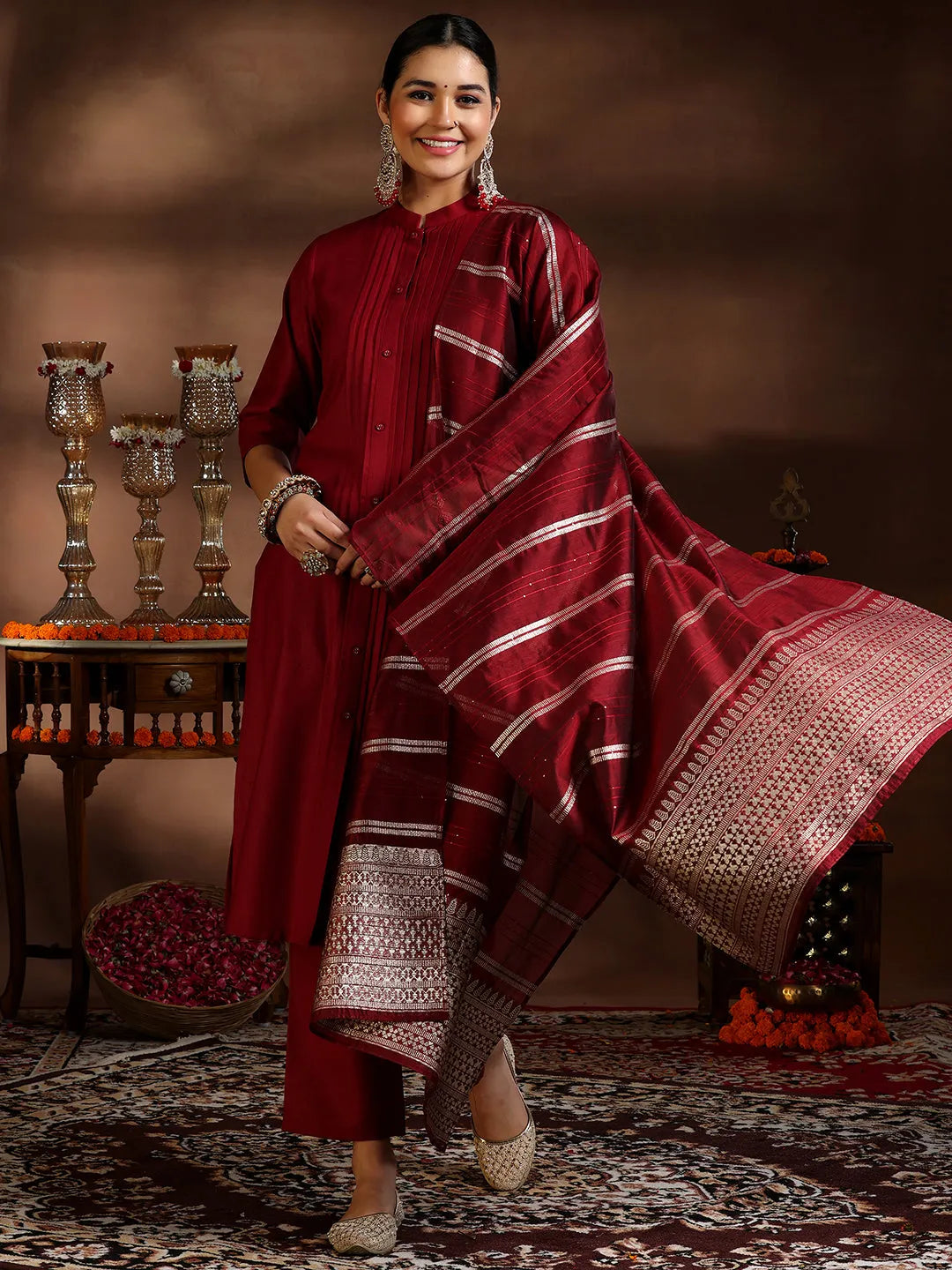 Gerua Maroon Solid Cotton Blend Straight Suit With Dupatta