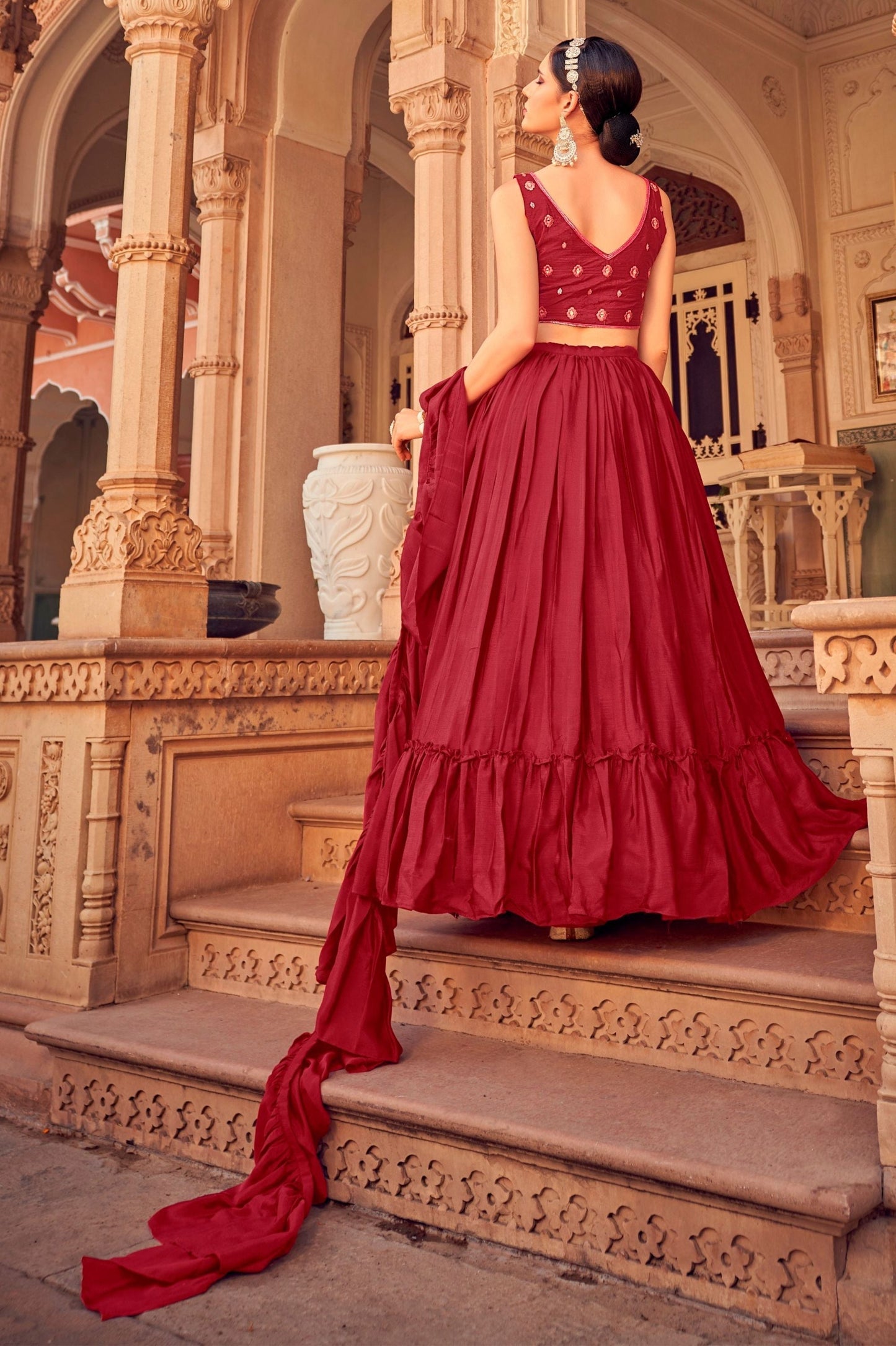 Maroon Ruffle Lehenga Choli with Dupatta Ruffle Art Silk Chinon Designer Traditional Partywear Wedding Festival Bridal Indian - Sequenc