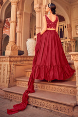 Maroon Ruffle Lehenga Choli with Dupatta Ruffle Art Silk Chinon Designer Traditional Partywear Wedding Festival Bridal Indian - Sequenc