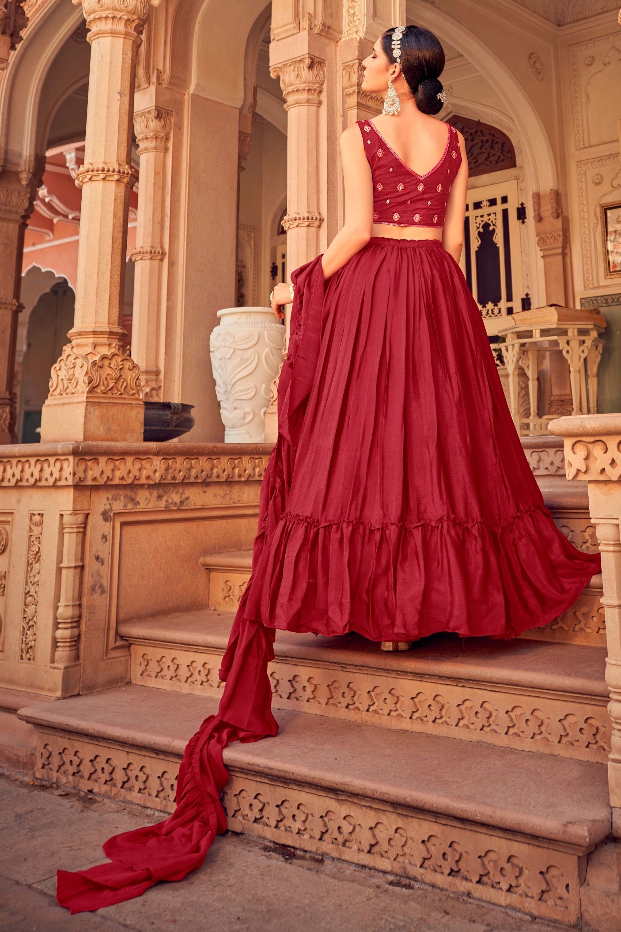 Maroon Ruffle Lehenga Choli with Dupatta Ruffle Art Silk Chinon Designer Traditional Partywear Wedding Festival Bridal Indian - Sequenc