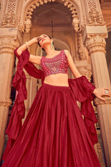 Maroon Ruffle Lehenga Choli with Dupatta Ruffle Art Silk Chinon Designer Traditional Partywear Wedding Festival Bridal Indian - Sequenc