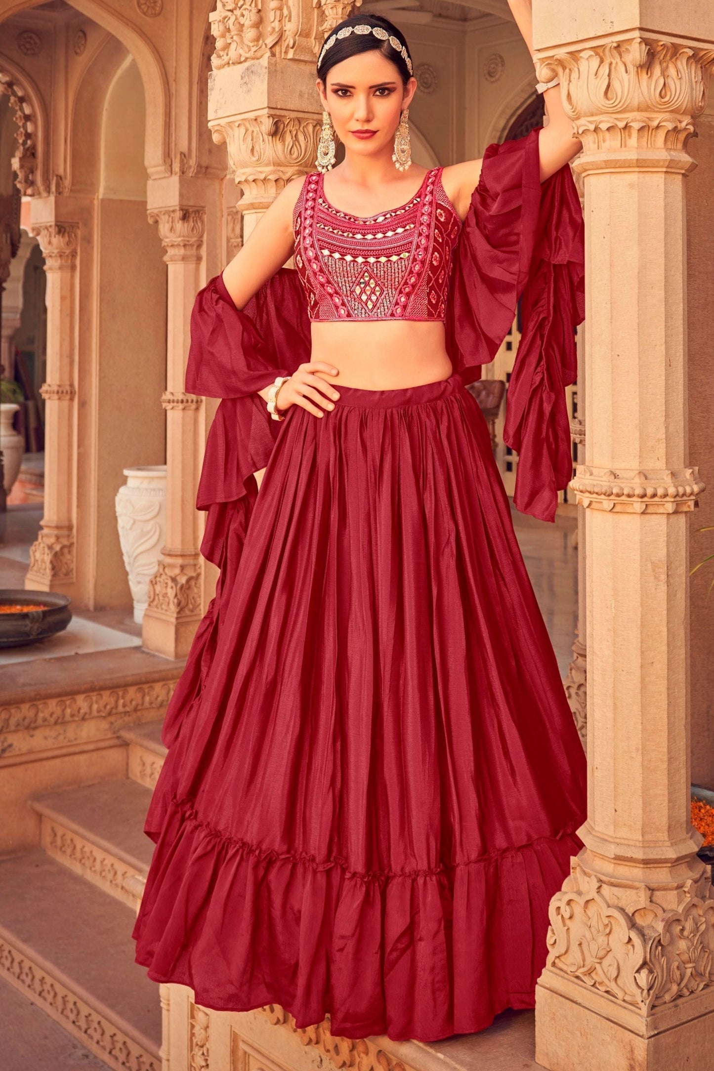 Maroon Ruffle Lehenga Choli with Dupatta Ruffle Art Silk Chinon Designer Traditional Partywear Wedding Festival Bridal Indian - Sequenc