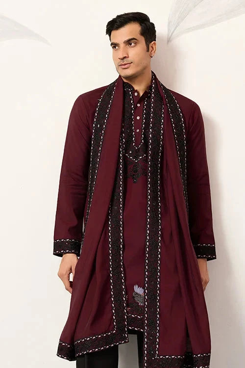 Vibrant Maroon Festive Kurta with Dupatta Set for Groom's Tribe