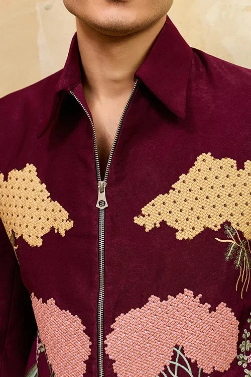 Wedding Special Maroon Velvet Bomber Jacket Set for Mens Wear