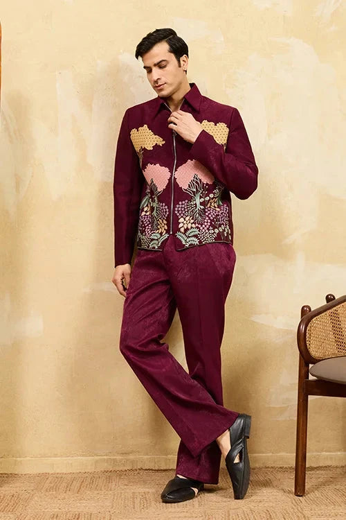 Wedding Special Maroon Velvet Bomber Jacket Set for Mens Wear