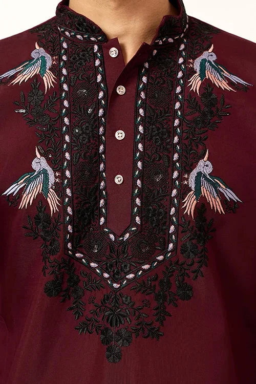 Vibrant Maroon Festive Kurta with Dupatta Set for Groom's Tribe