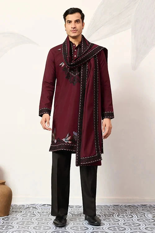 Vibrant Maroon Festive Kurta with Dupatta Set for Groom's Tribe