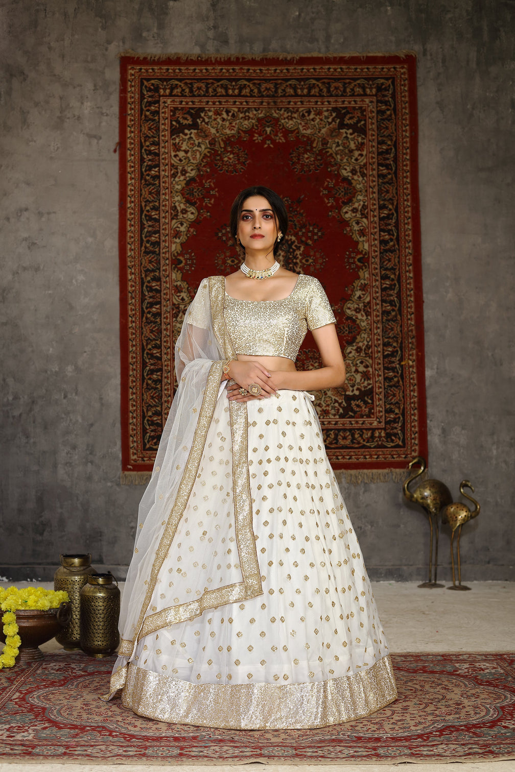 Marvelous White Sequins Embroidered Net Semi Stitched Wedding Lehenga