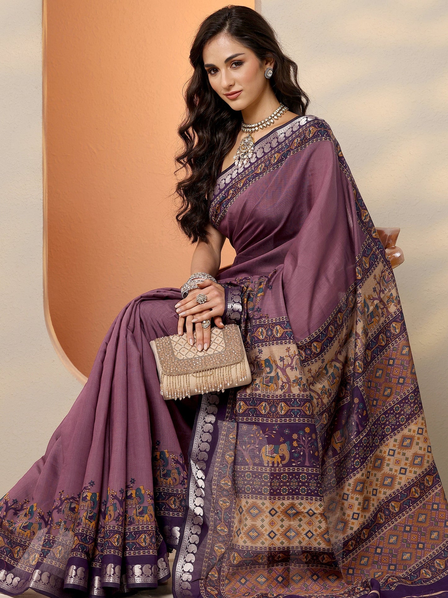 Libas Mauve Printed Silk Blend Saree With Unstitched Blouse Piece