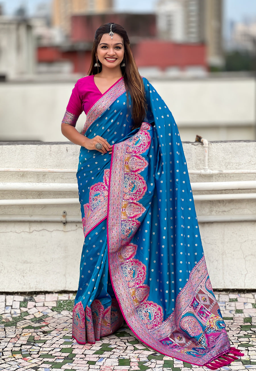 Blue pashmina darbari silk zari woven saree with meenakari border