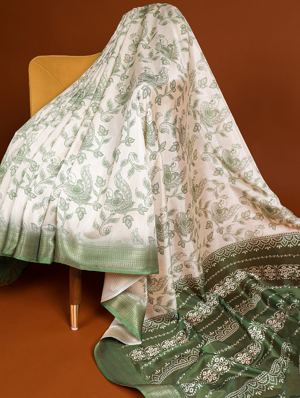 Mehendi Green Dola Silk Saree with Printed Work and Zari Border