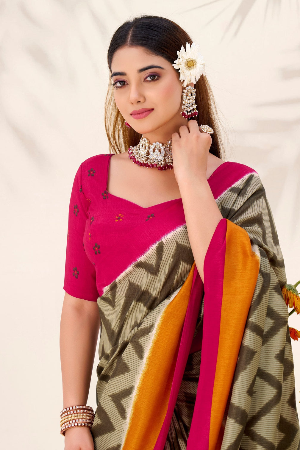 Mehendi Elegant Printed Tasar Silk Saree with Matching Unstitched Blouse
