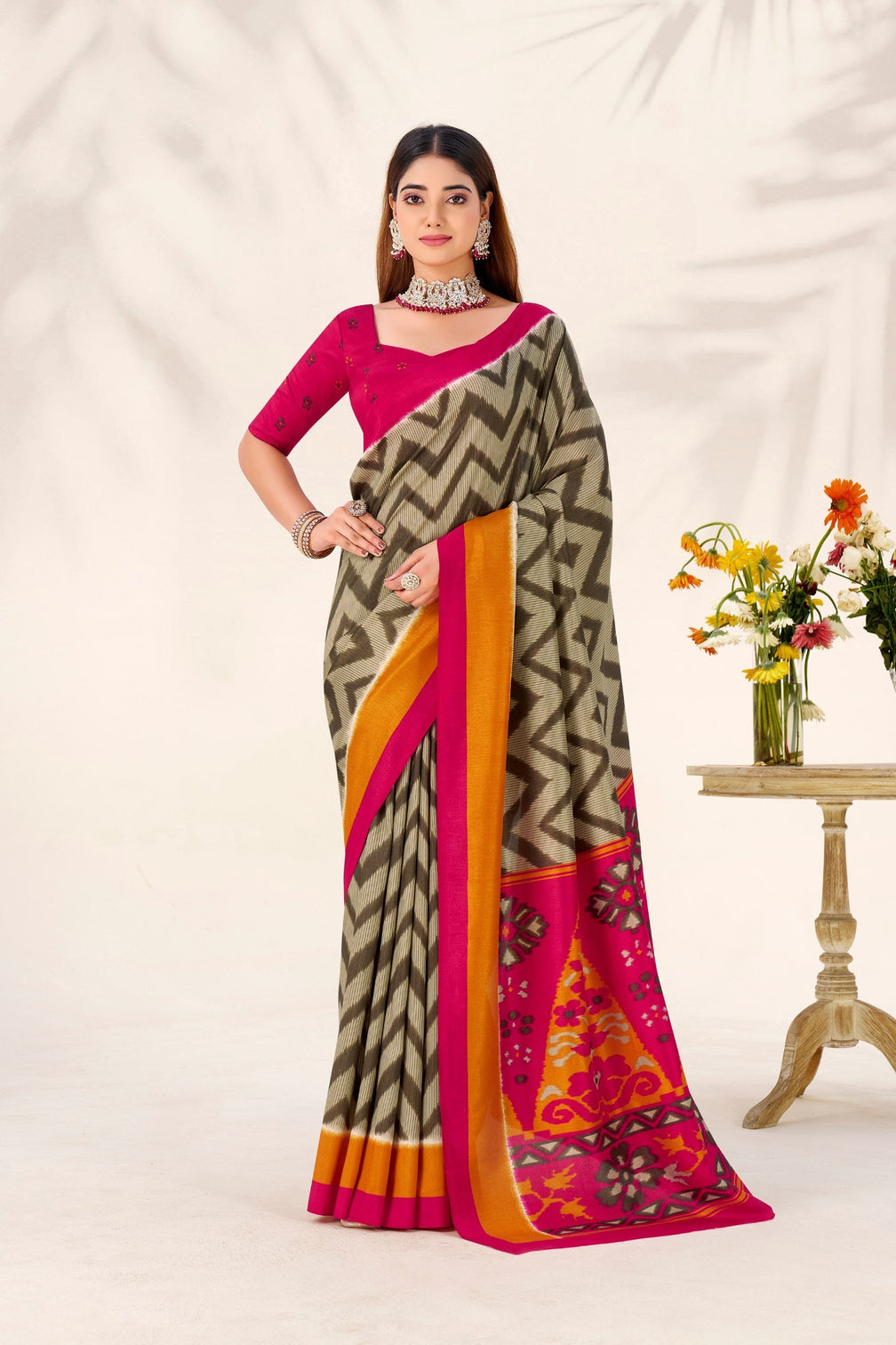 Mehendi Elegant Printed Tasar Silk Saree with Matching Unstitched Blouse