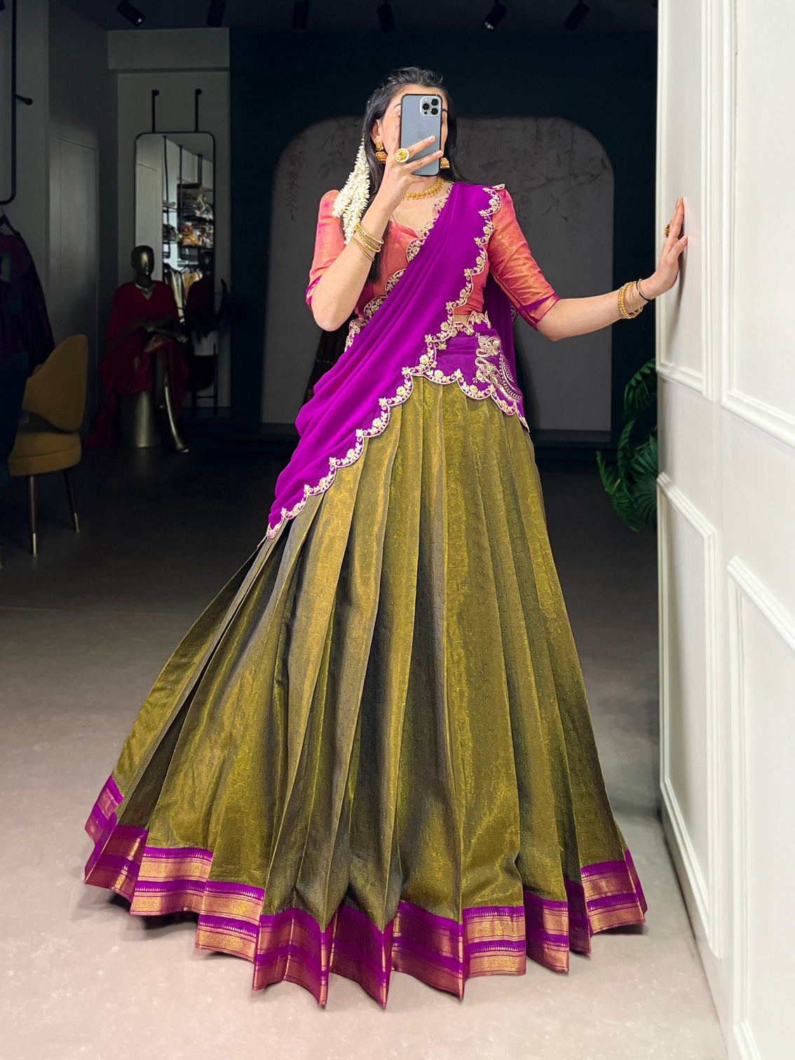 Mehendi Kanchipuram Zari Weaving Lehenga with Pink Embroidered Georgette Dupatta