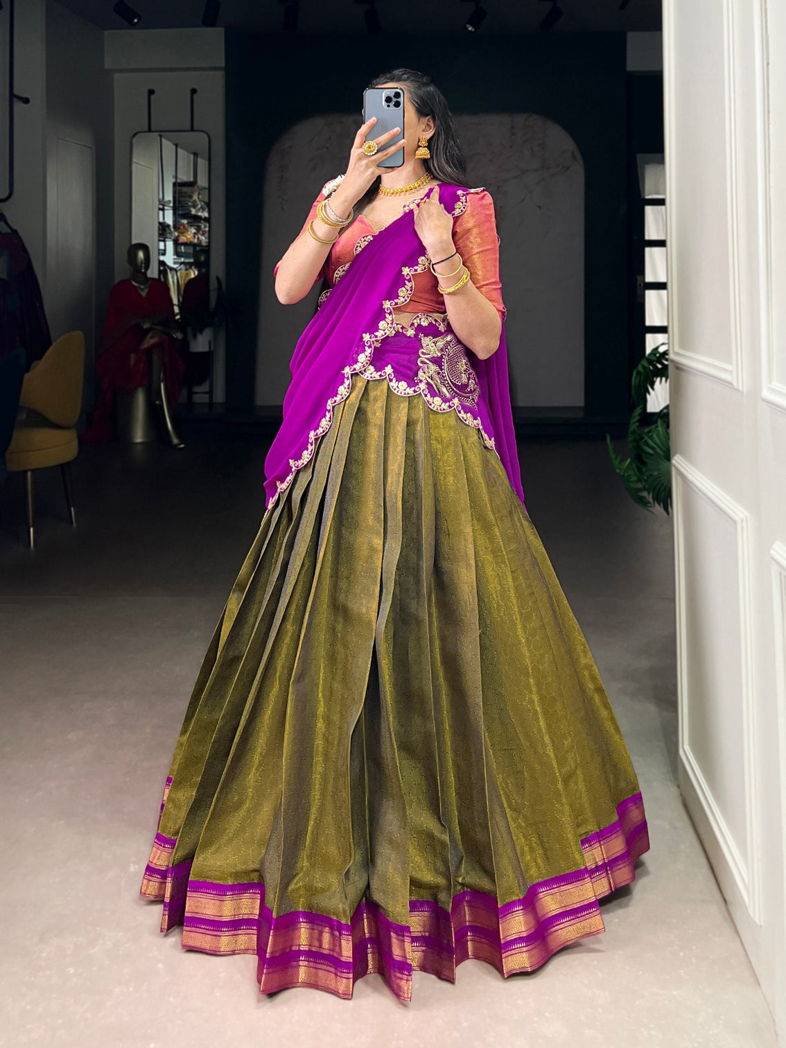 Mehendi Kanchipuram Zari Weaving Lehenga with Pink Embroidered Georgette Dupatta