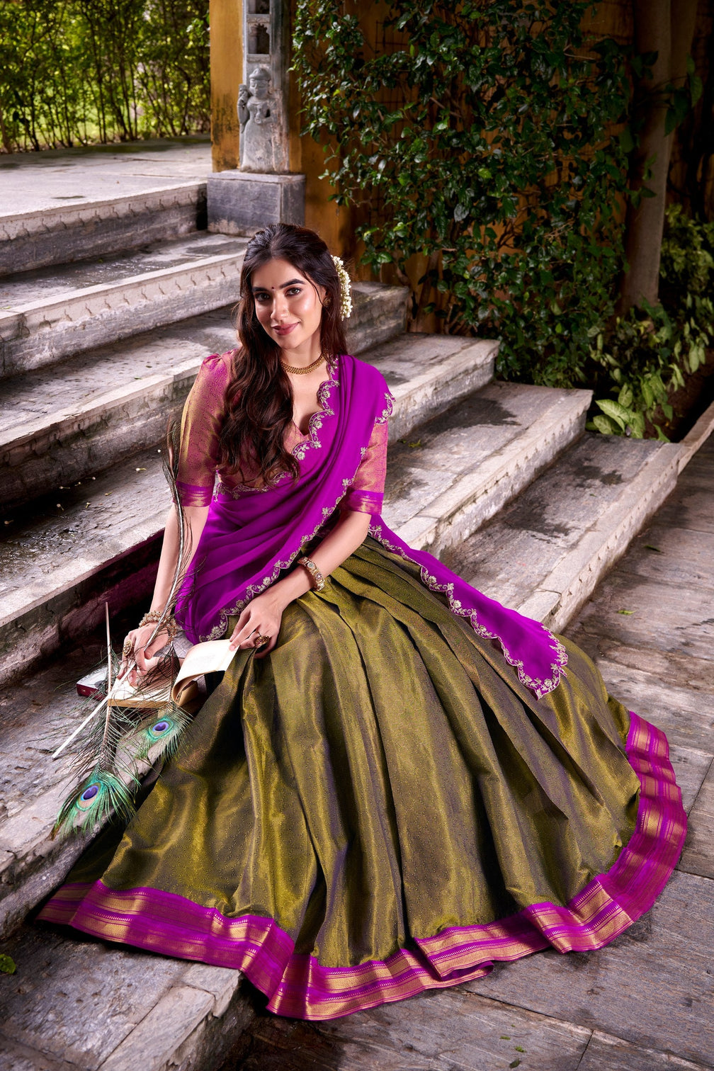 Mehendi Kanchipuram Zari Weaving Lehenga with Pink Embroidered Georgette Dupatta