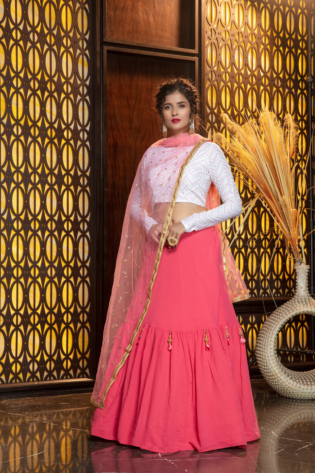 Melon Pink Georgette Lehenga Choli With Net Dupatta
