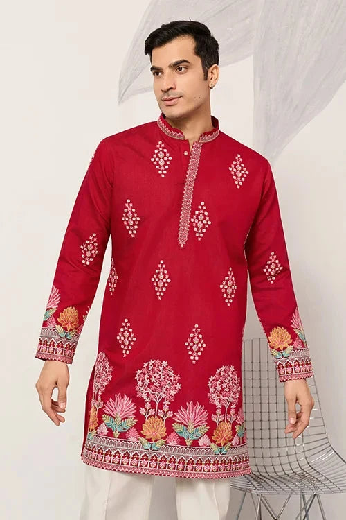 Unique Style Red Color Embroidered Kurta for Mens Wear