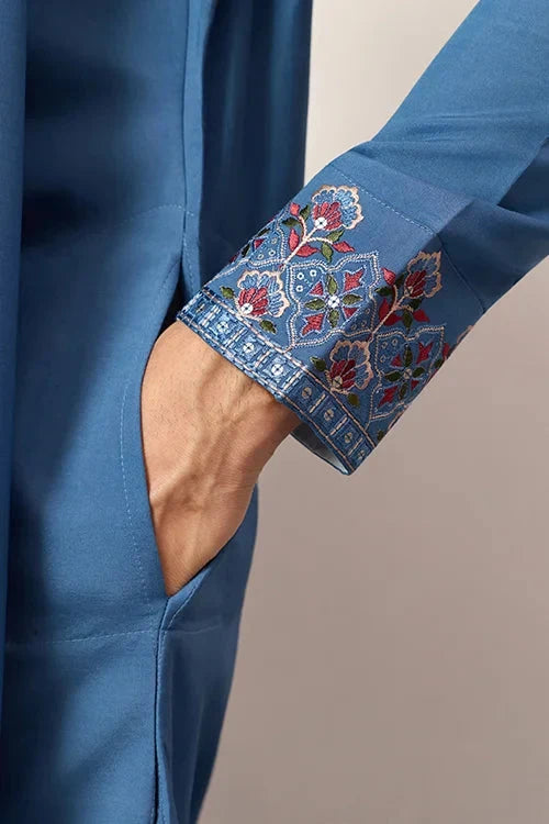Wedding Royal Look Blue Kurta with Dupatta for Mens Wear