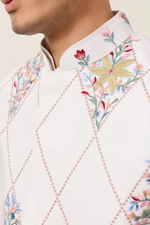Elegant Wedding Special White Koti Kurta Pajama Set