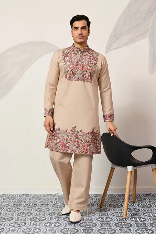 Beige Color Kurta Pant Set for Mens Traditional Outfit