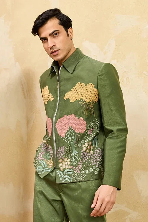 Regal Green Bomber Jacket with Thread Work and Pant for Mens