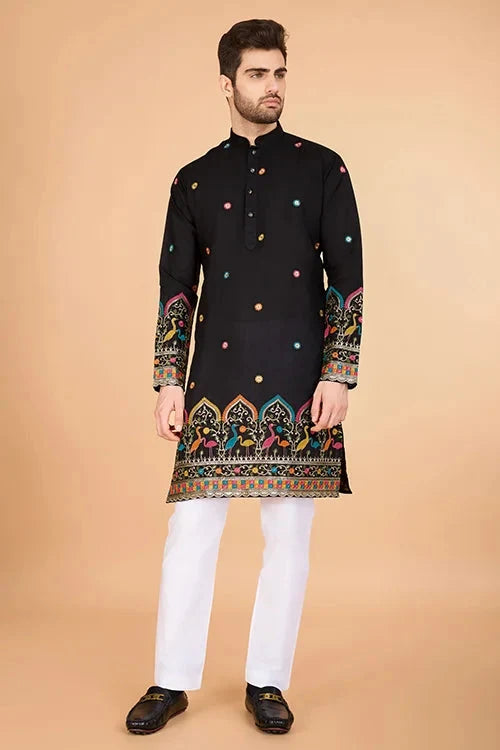 Black Viscose Silk Men's Designer Kurta