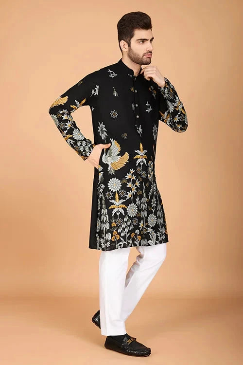 Black Designer Viscose Rayon Men's Kurta
