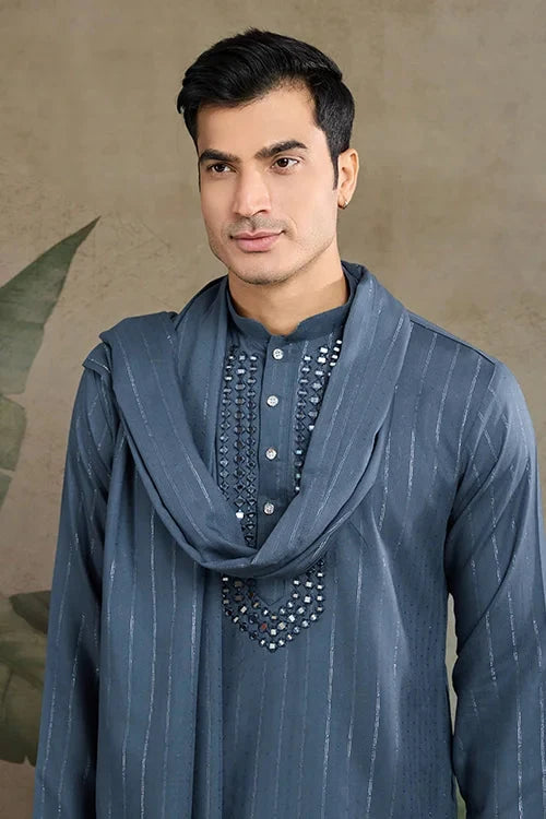 Diwali Special Blue Grey Viscose Silk Kurta with Mirror Work