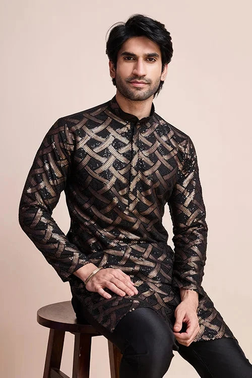 Designer Black Silk Kurta for Men - Festival Ready Wear